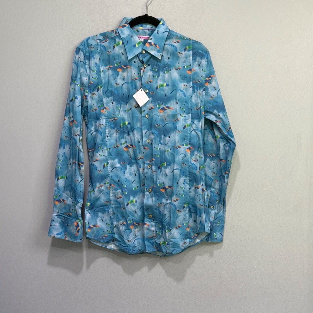 Coton Doux Mens Paragliding Skydiving Print Button Down Shirt Blue Size 39 15.5